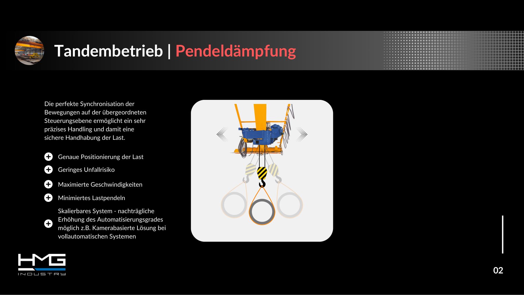 TCS, Folie 2 „Tandembetrieb | Pendeldämpfung“: synchronisierte Bewegungen für sichere Lasthandhabung