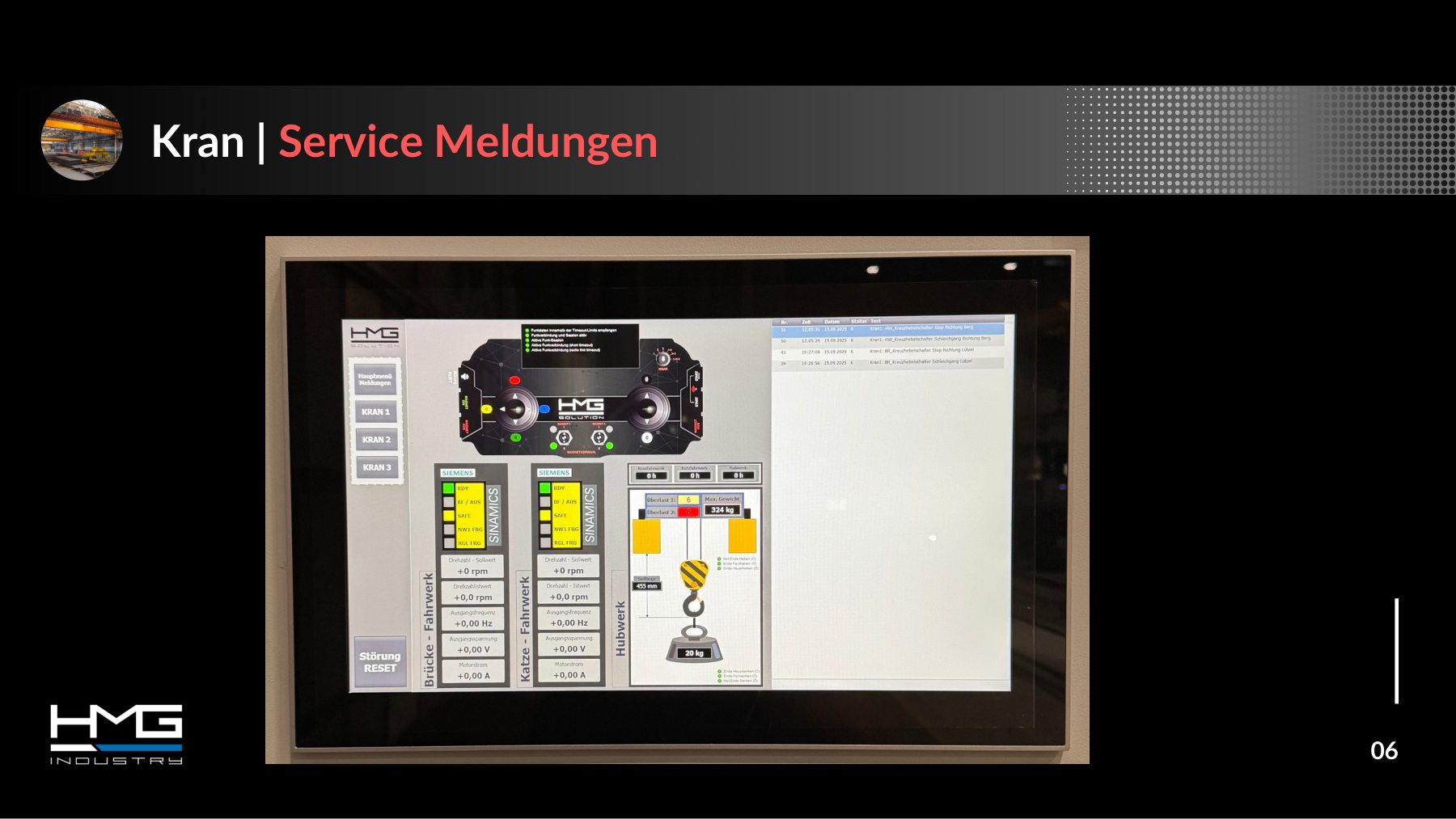 TCS, Folie 6 &bdquo;Kran | Service Meldungen&ldquo;: Meldungen und Betriebsstunden am Bedienpanel