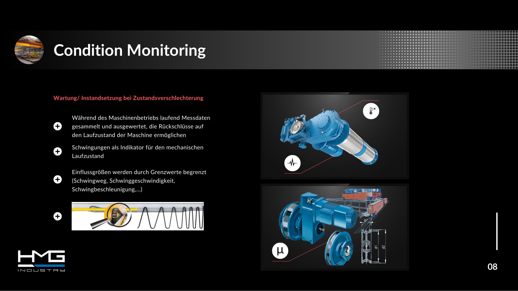 TCS, Folie 8 „Condition Monitoring“: Schwingung und Temperatur am Hubwerksgetriebe